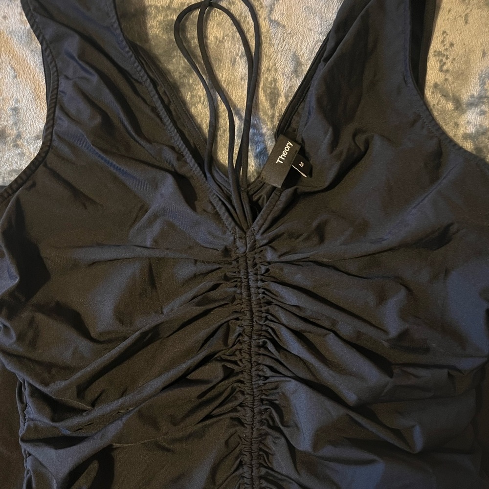 Theory ruched black string midi dress size medium - Picture 2 of 6